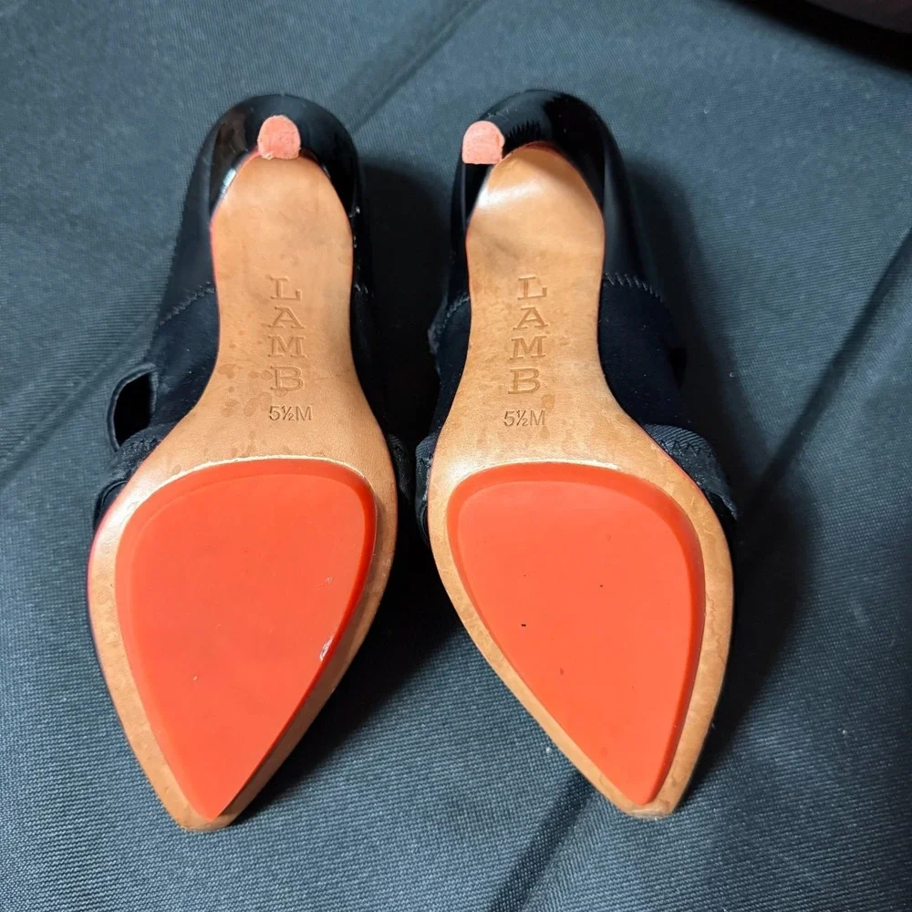 L.A.M.B. Black Leather Suede Ankle Strap Stiletto Heels‎ Womens 5.5M
